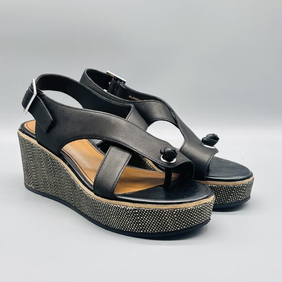 Donald J Pliner Sandals Womens 7 Black Leather Almee Slingback Wedge Platform - Picture 2 of 10